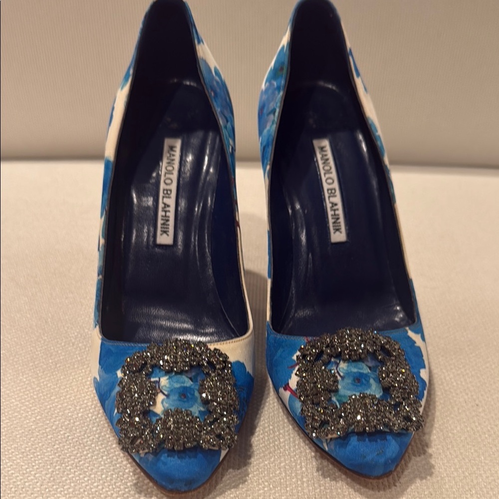 Manolo Blahnik Blue and White Embellished Heels